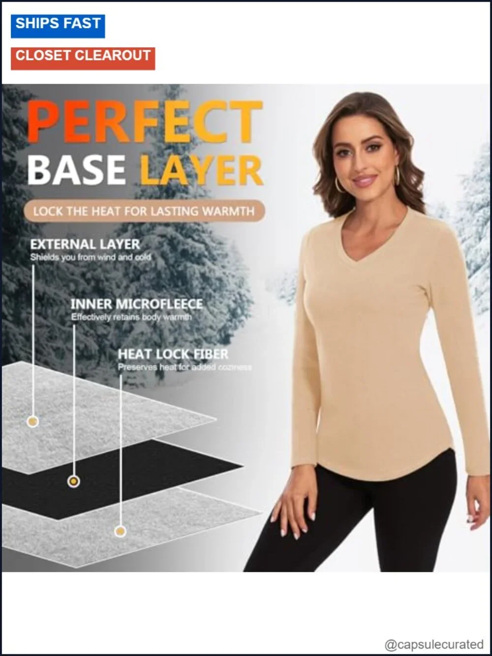 V Neck Fleece Lined Thermal Long Sleeve Base Layer Top for Women Cold Weather